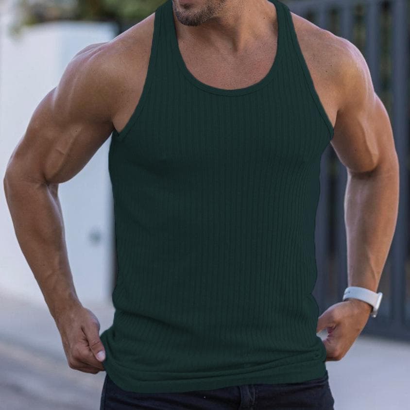 Rib Knitted Man Vests Summer Casual O-Neck Sleeveless Slim Stretch Sporty Tank Tops M dark green