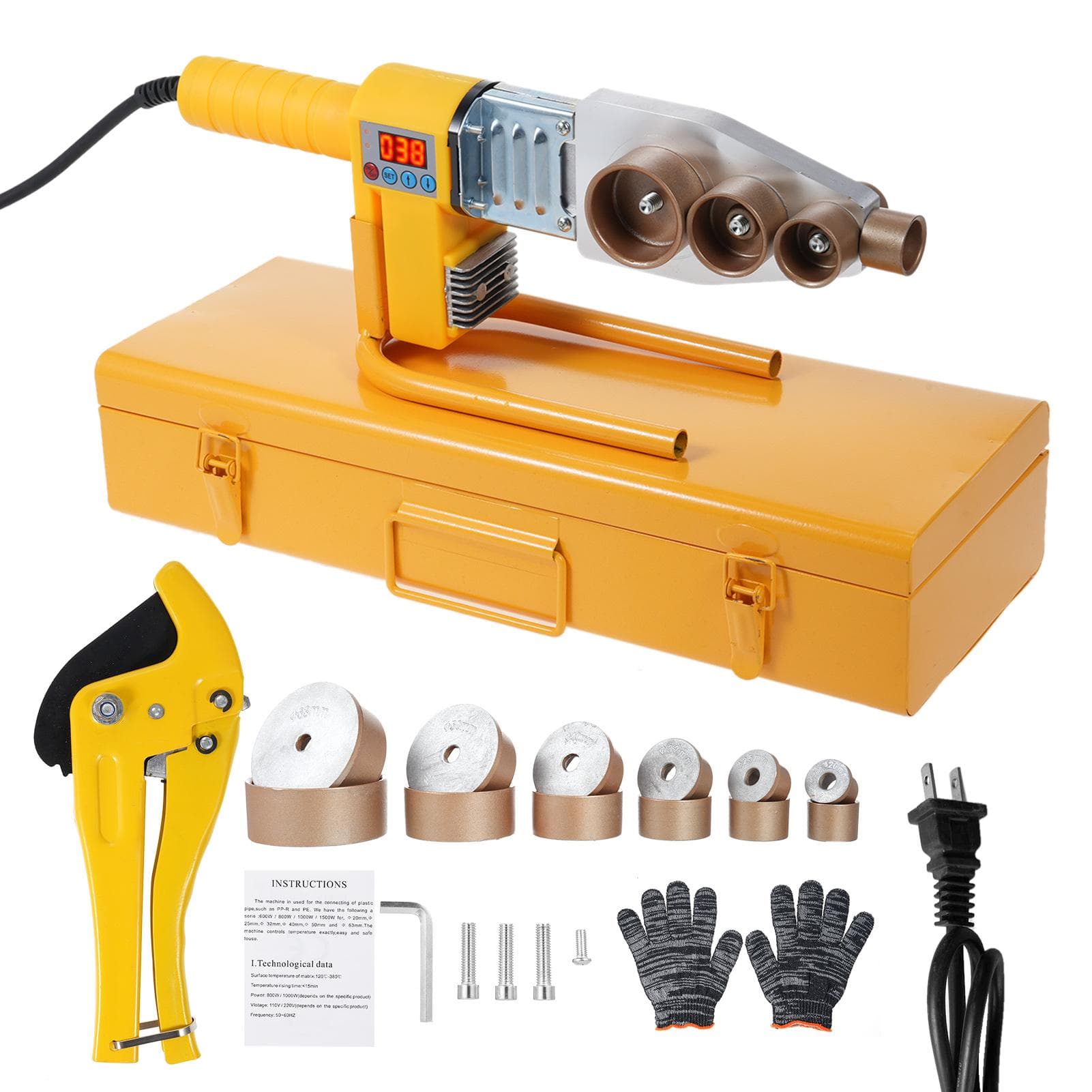 Plastic Pipe Welding Tool Plastic Welder Kit Contains Welding Heads of 6 Diameters Water Pipe US Plug yellow