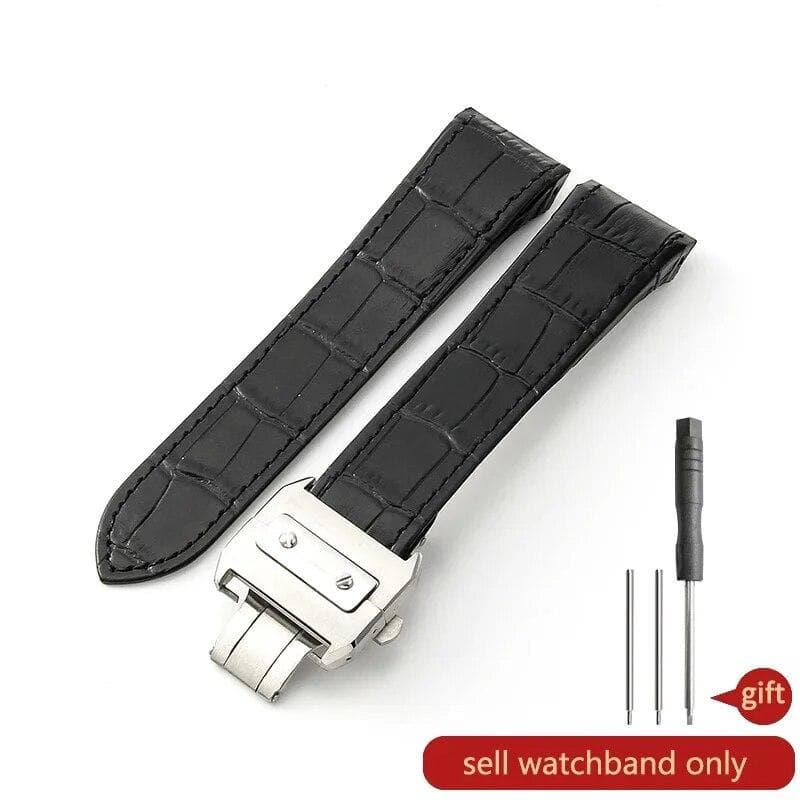 Genuine Leather Watch Band for Cartier Sandoz Strap Santos100 Men's Women's Folding Buckle Strap Black-Steel-Z8 20mm