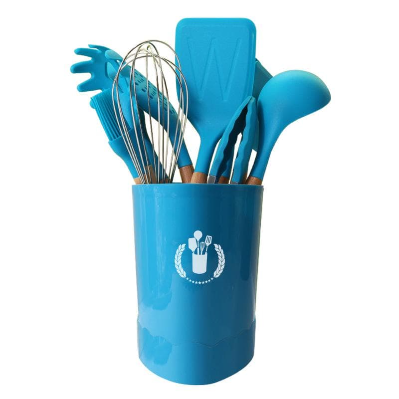 Wooden Handle Silicone Cookware 11-piece Spatula Spoon Non-stick Pan High Temperature Resistant Home Kitchen Tools Set Triangle Bucket blue