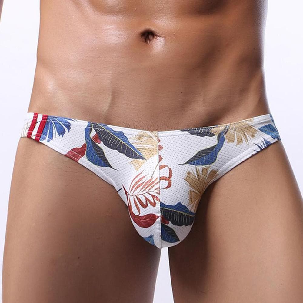 Men Breathable Mesh Print Thongs Underwear Brief Bulge Pouch G-String Underpants XL white