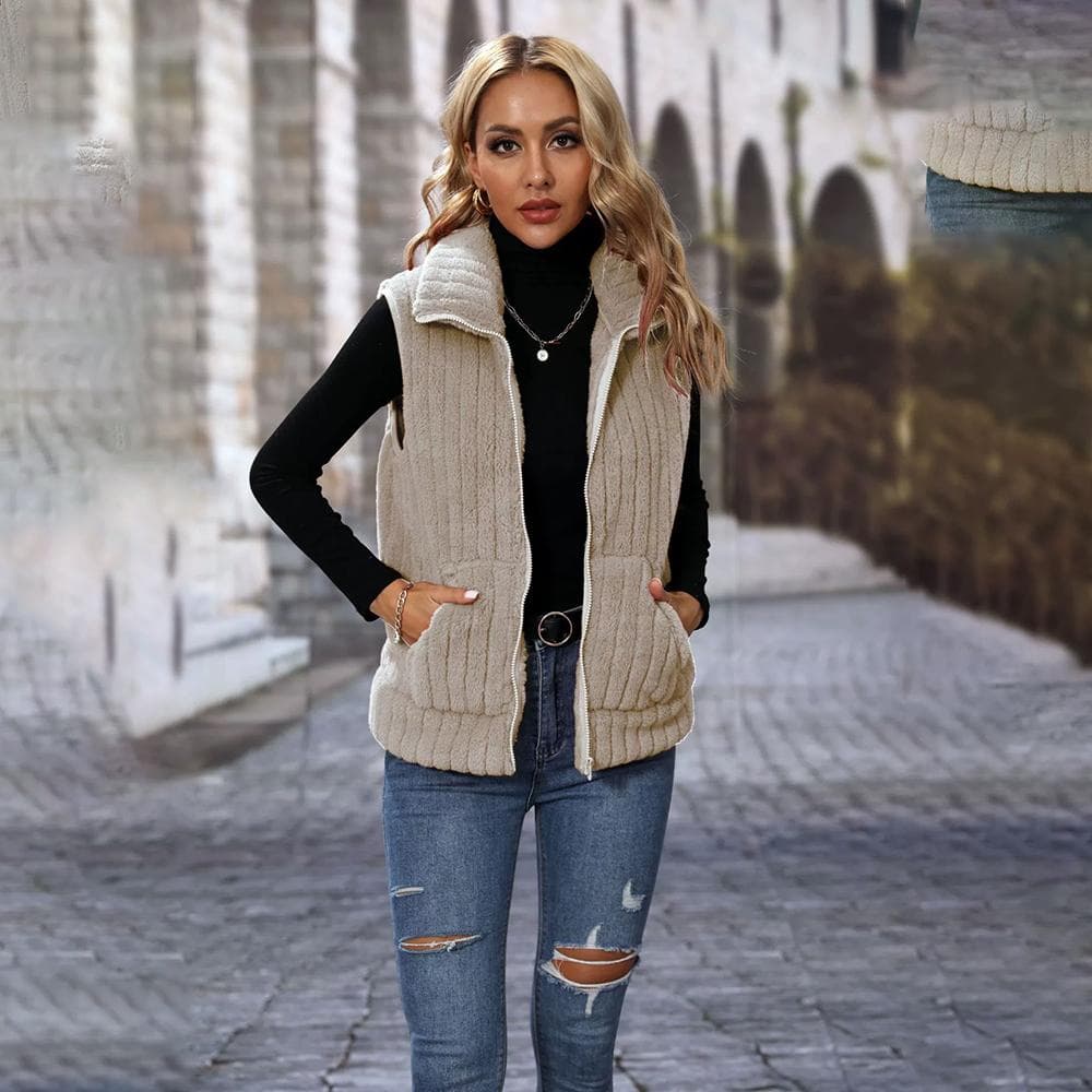 Autumn and Winter Women's Lapel Sleeveless Loose Striped Zipper Plush Short Casual Vest Jacket XL apricot