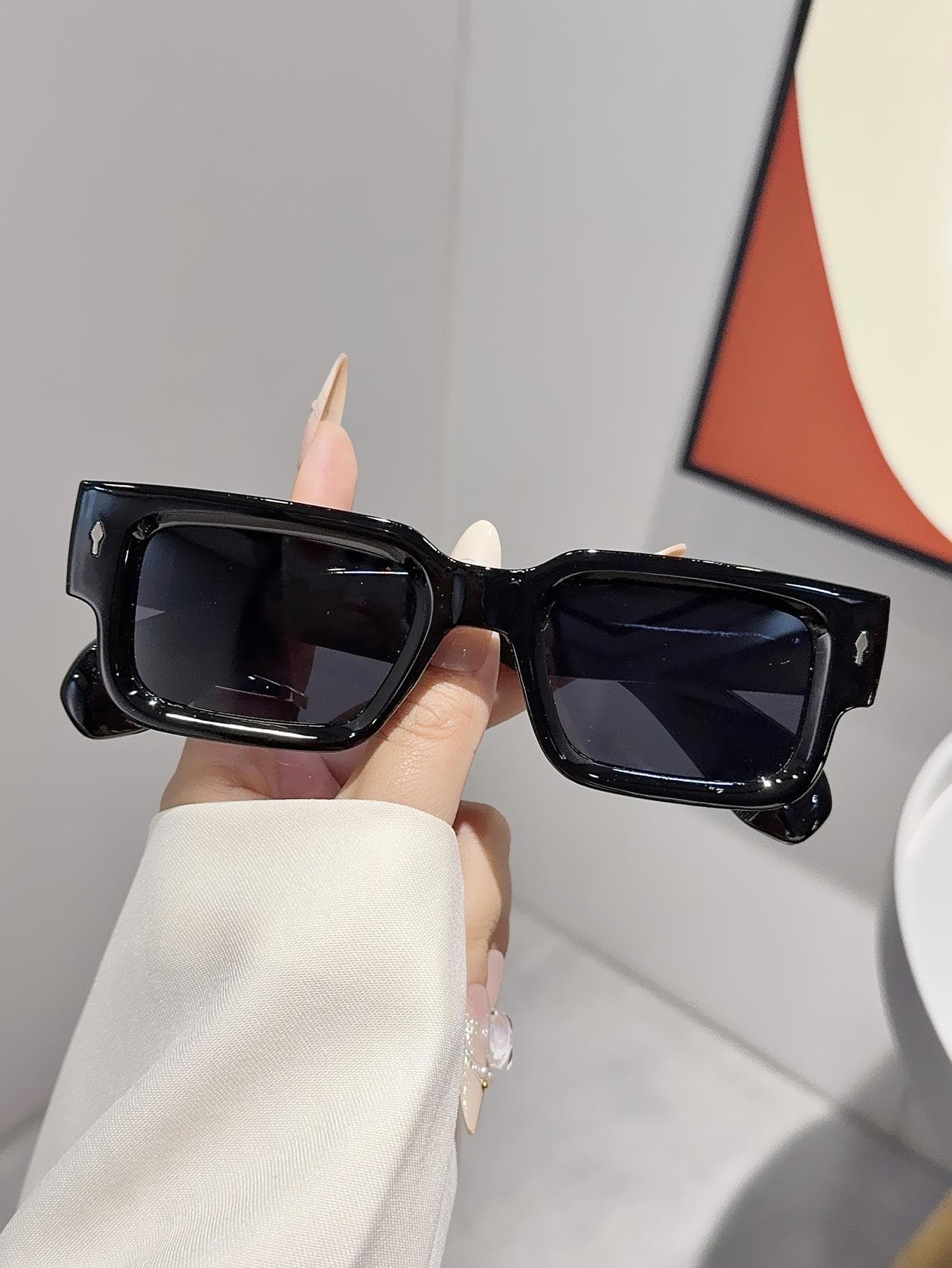 1Pc Fashionable Rectangular Small Frame Glasses with Rice Nail Decoration Unisex for Daily Work Party