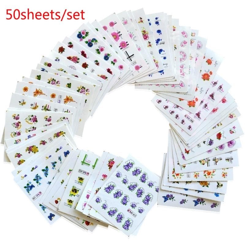 55 Sheets Glitter Bling Nail Stickers Nail Art Flower Water Transfer Decals Beauty Foil Wraps 01