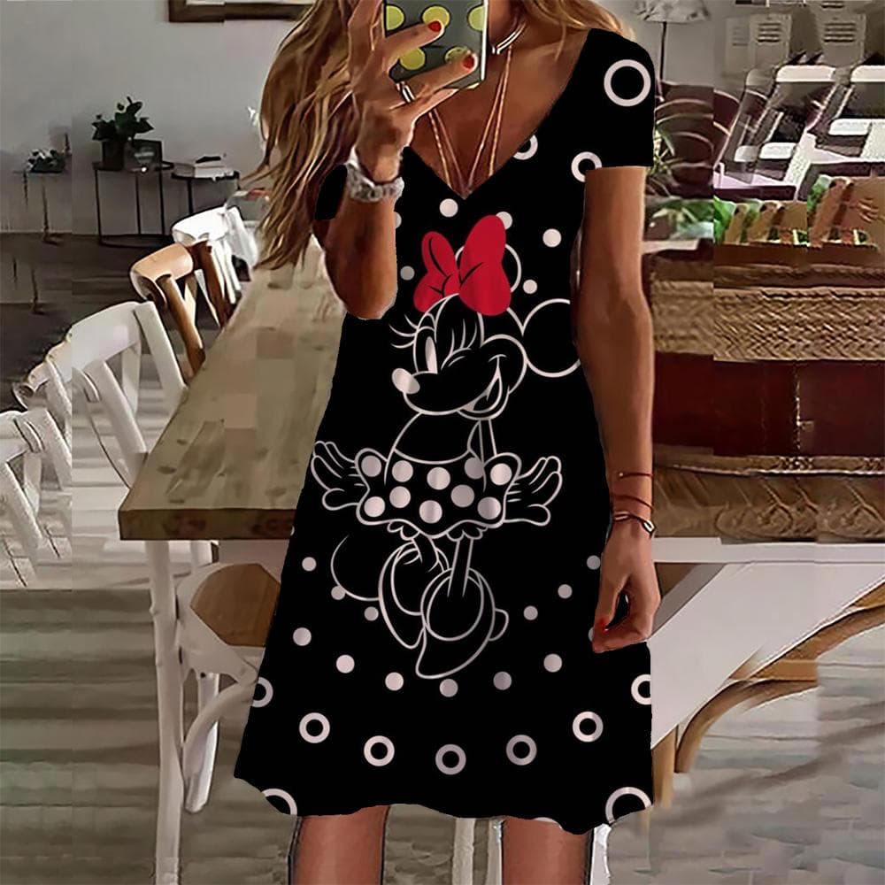 New 2024 Summer Dresses Women Disney Mickey Mouse print Dress Female Clothing Casual Retro Short Sleeve Loose Plus Size Dress 6XL