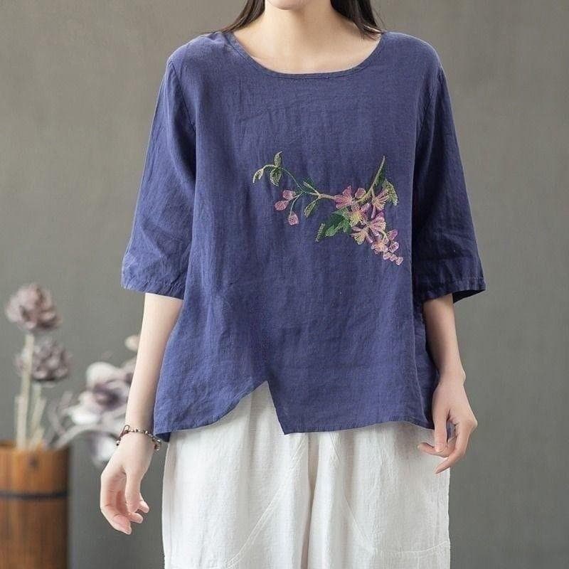 Cotton and Linen Top for Women In Summer New Thin Embroidery Large Size Women's Loose Literary Retro Chinese National Style T-shirt 3XL