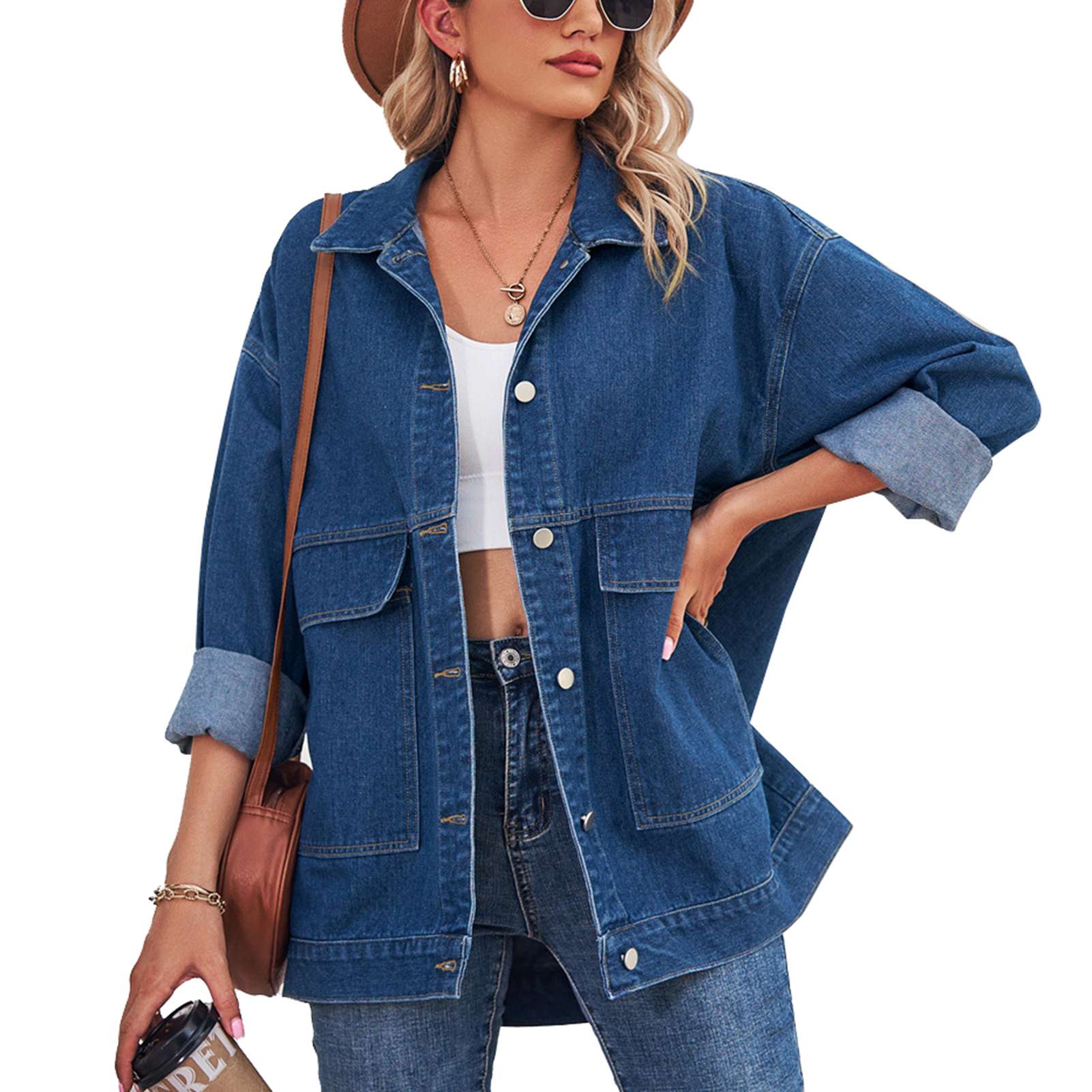 Long Sleeve Denim Jacket Loose Casual Turn Down Collar Button Up Drop Shoulder Coat Outwear with M blue