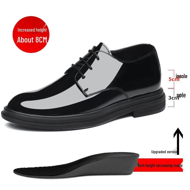 Men's Patent Leather 8CM Height-Boost Business Shoes, Lace-Up, Pointed Toe, Formal/Casual, 6CM Lift, Single Piece. 43