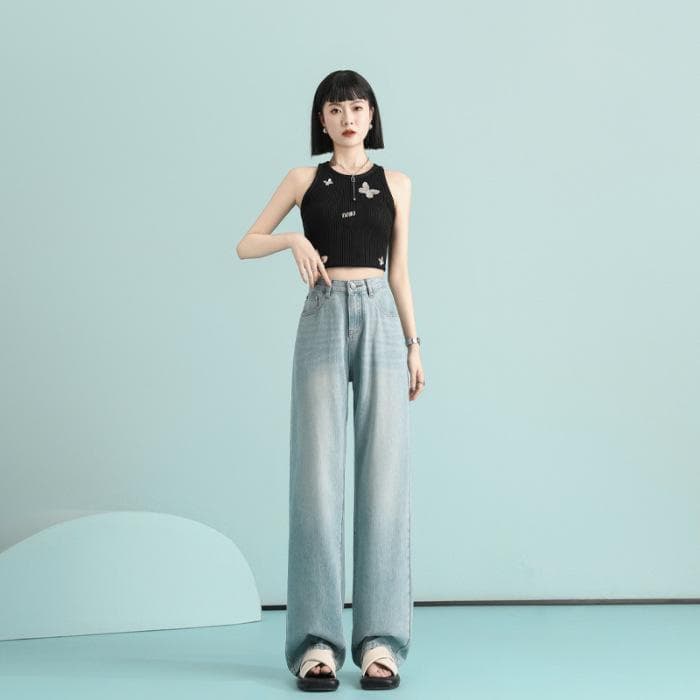 Tennis Jeans for Women In Summer Thin Super Soft Texture Floor-moving High Waist Wide-leg Jeans for Women In Summer Floor-moving Pants for Women 2XL