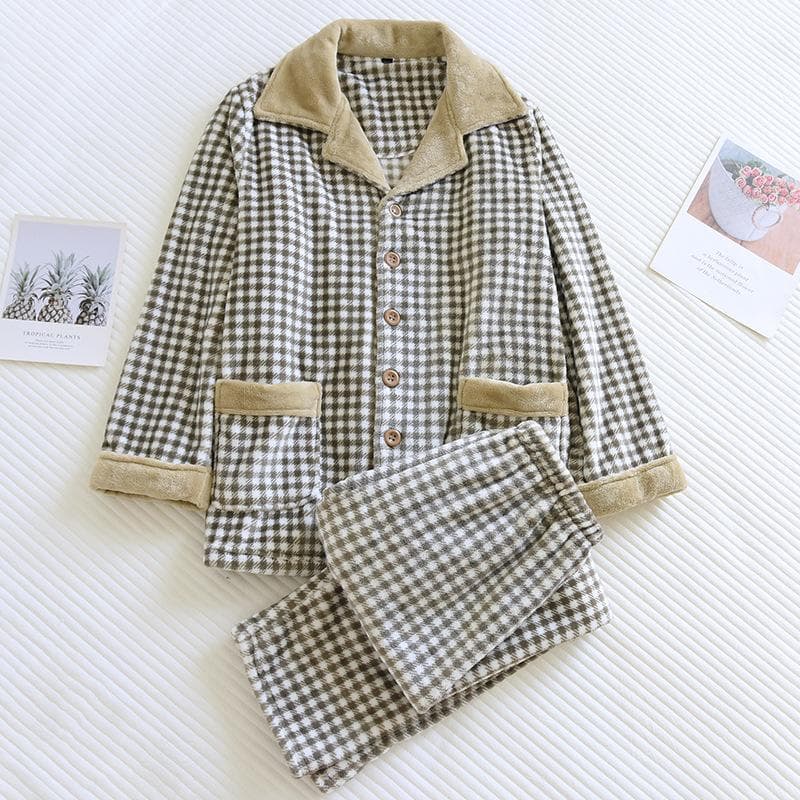 Autumn and Winter New Men's Thickened Flannel Pajamas Long-sleeved Trousers Two-piece Plaid Buttoned Home Service Suit Pajama XL