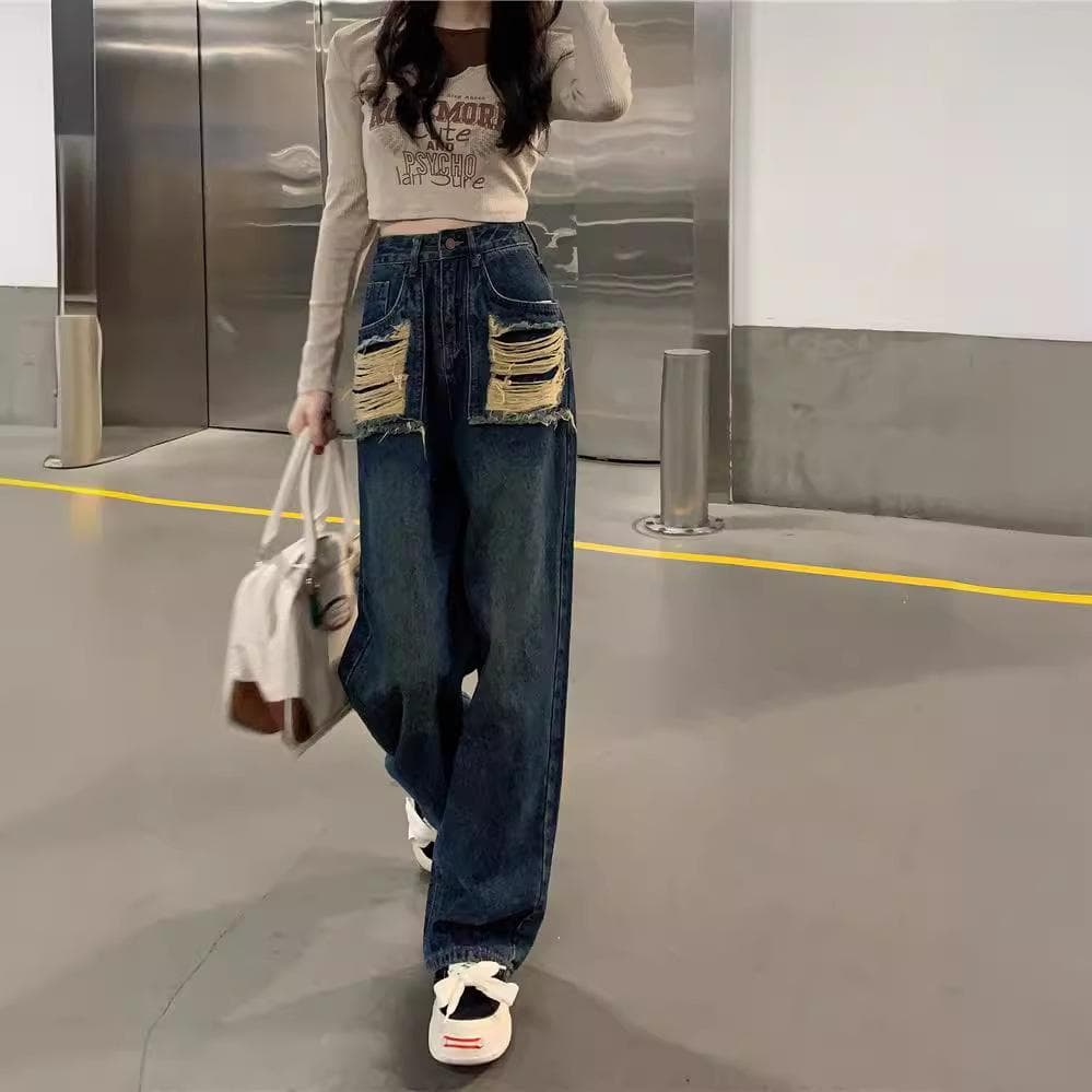 Design-sensing High Waist Pocket Ripped Jeans for Women's Spring New Loose Slimming Pants Wide-leg Long Trousers XL blue