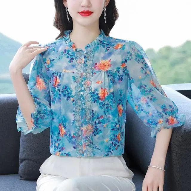 Summer New KoreanThin Heavy Industry Printed Shirt Lantern Sleeve Bottoming Blouse Half Sleeve Shirt for Women's Tops L blue