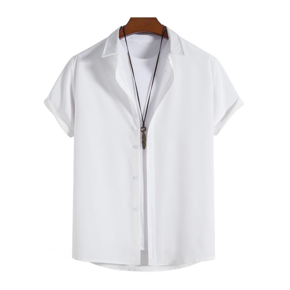 Men Spring Fall Shirt Turn-down Collar Single-breasted Solid Color Short Sleeve Loose Fit Cardigan Formal Business Casual Daily S white