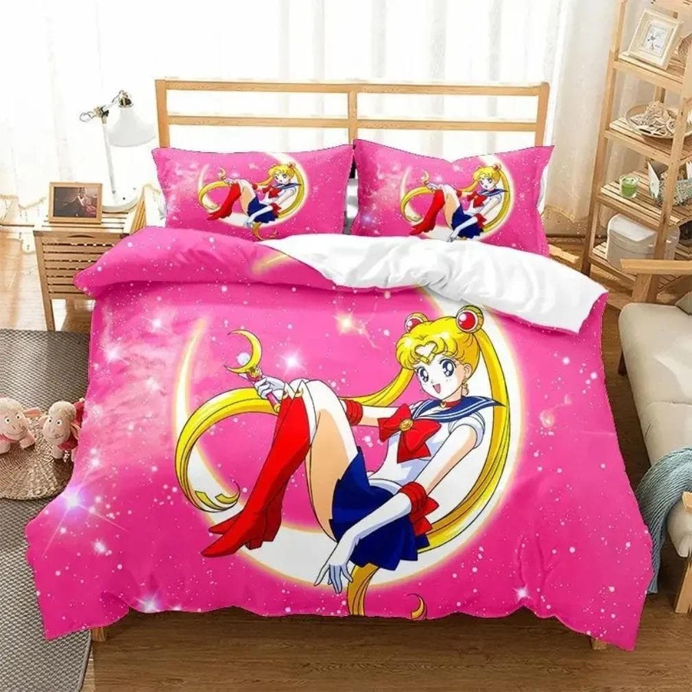 Anime S-Sailor & M-Moon Bedding Set,Duvet Cover Comforter Bed Set Quilt Cover Pillowcase,King Queen Twin Size Boys Girls Adults AU Single 140x210cm