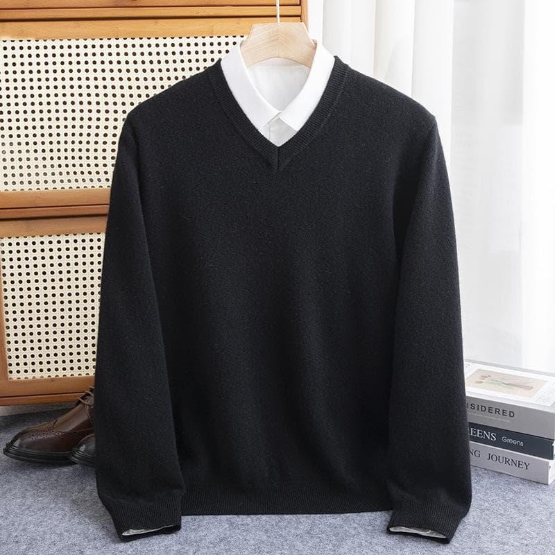 Men Merino Wool Sweater V-Neck Pullover Autumn Winter Cashmere Warm Solid Knitwear Clothes Business Bottoming Soft Tops XL