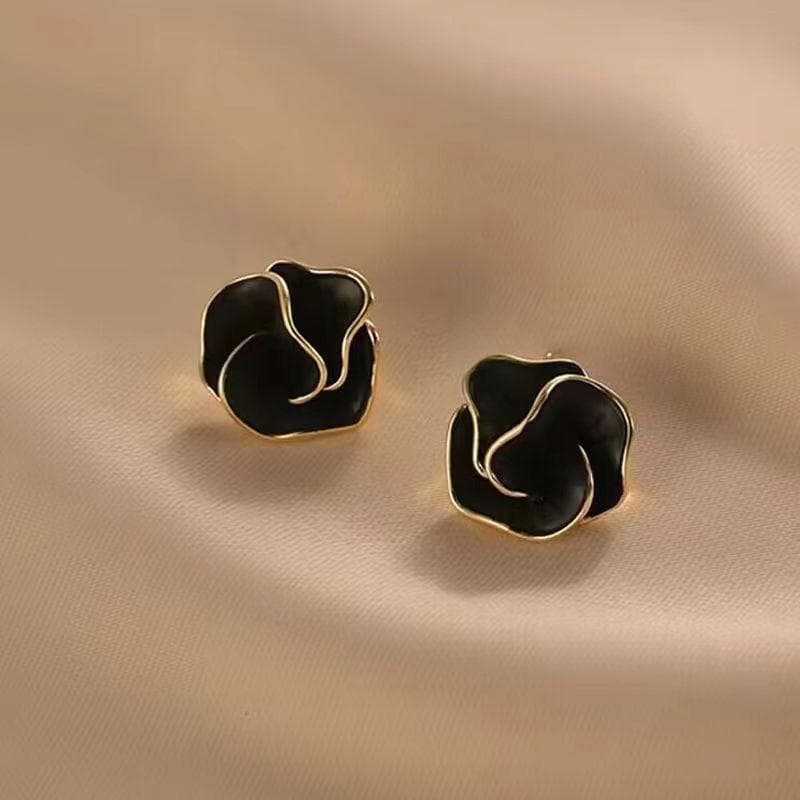 Black Flower Stud Earrings for Women Folded Unique Design Enamel Multi-layers Floral Small Earrings Fashion Jewelry