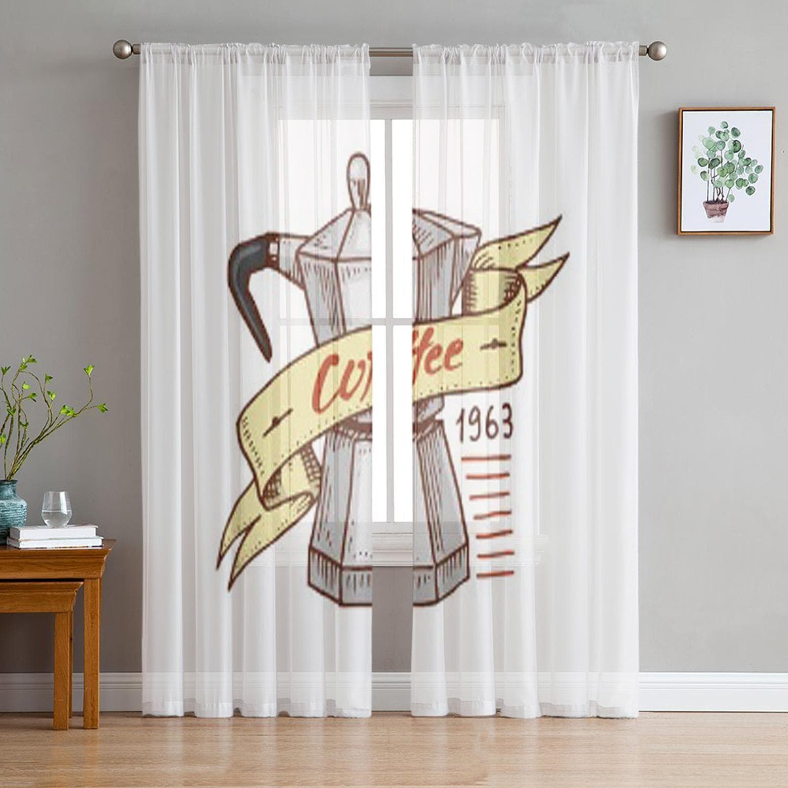 Coffee Illustration White Tulle Sheer Curtains for Living Room the Room Bedroom Kitchen Decoration Voile Organza Curtains 135W x 114H(cm)