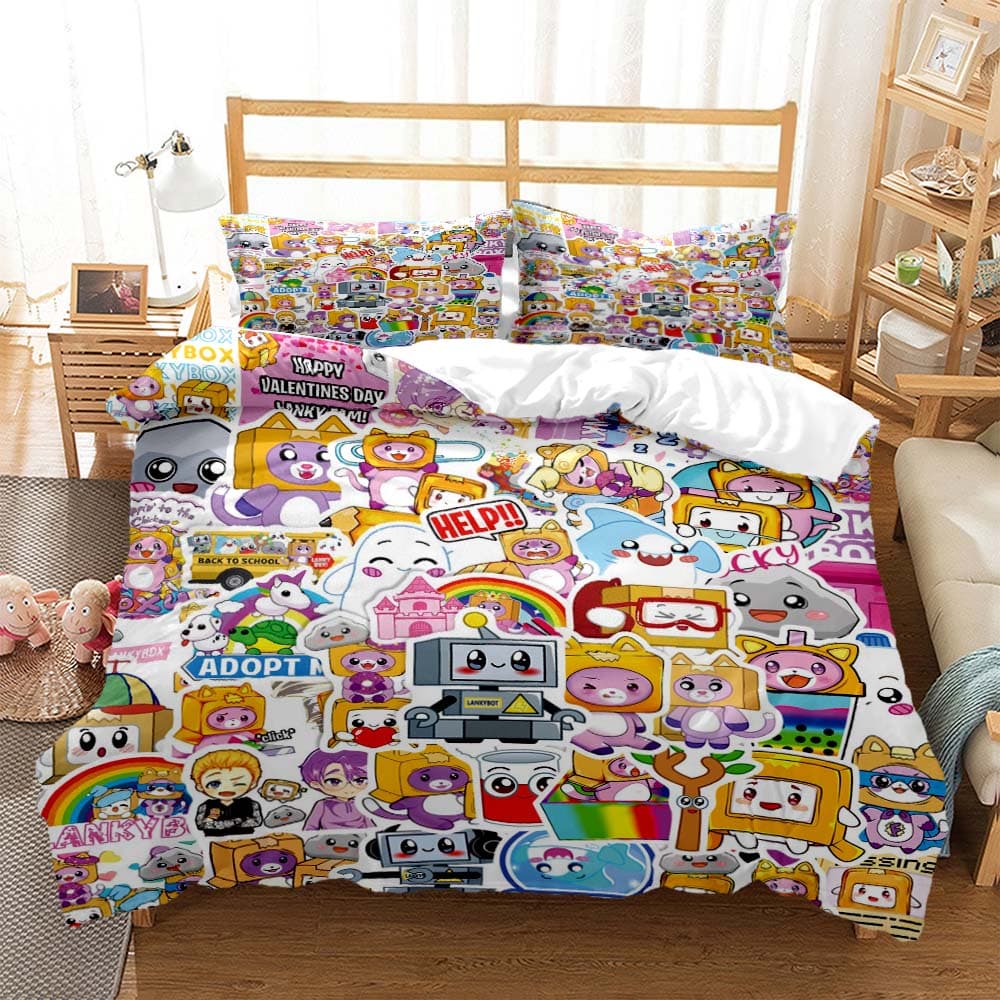 Lankybox Foxy Boxy Cute Cartoon 3D printed bedding Queen bedding set Customized King size bedding set Soft and comfortable 155x215cm 3pcs