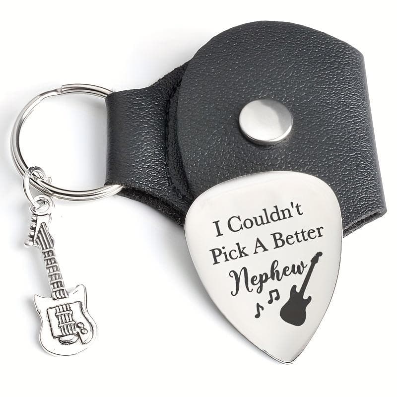 3-piece stainless steel pick leather keychain, guitar pendant + pick + leather case, modern simple keychain gift guitar pick 3pcs