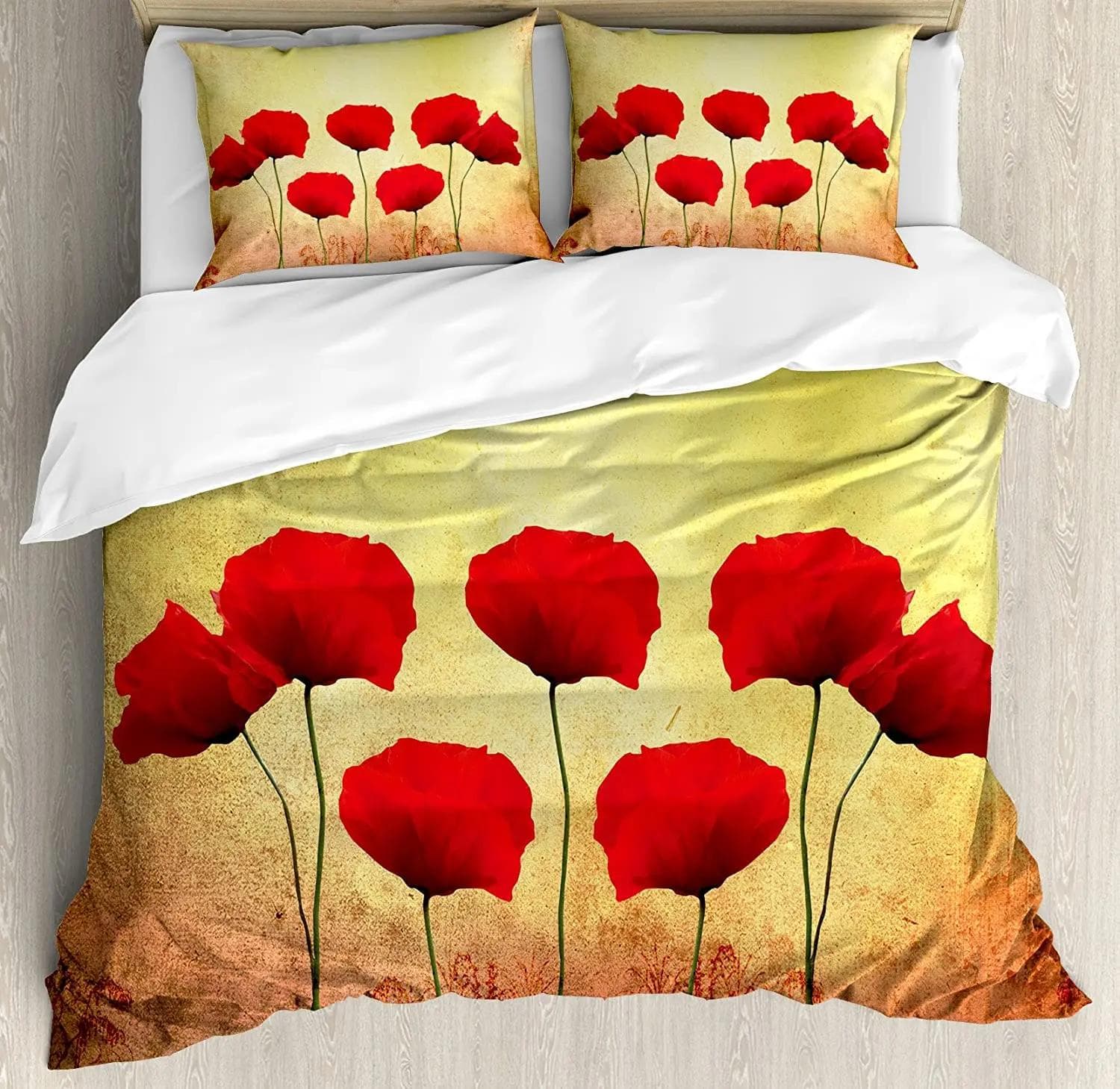 Floral Bedding Set Comforter Duvet Cover Pillow Shams Poppies of Spring Season Pastoral Flowers Bot Bedding Cover Double Bed Set EU Double(200x200cm)