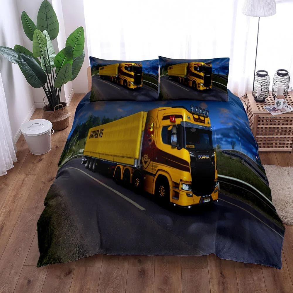 3D European Trucks Bed Linen Set King Queen Double Full Twin Single Size Teal Duvet Cover Set EU single(135x200cm)
