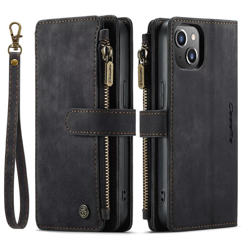 CaseMe Retro Matte PU Leather Double Layer Zipper Wallet Case Bag for iPhone Samsung Xiaomi Multi-function Flip Covers with 10 Card Holder Google Pixel 8 Pro black