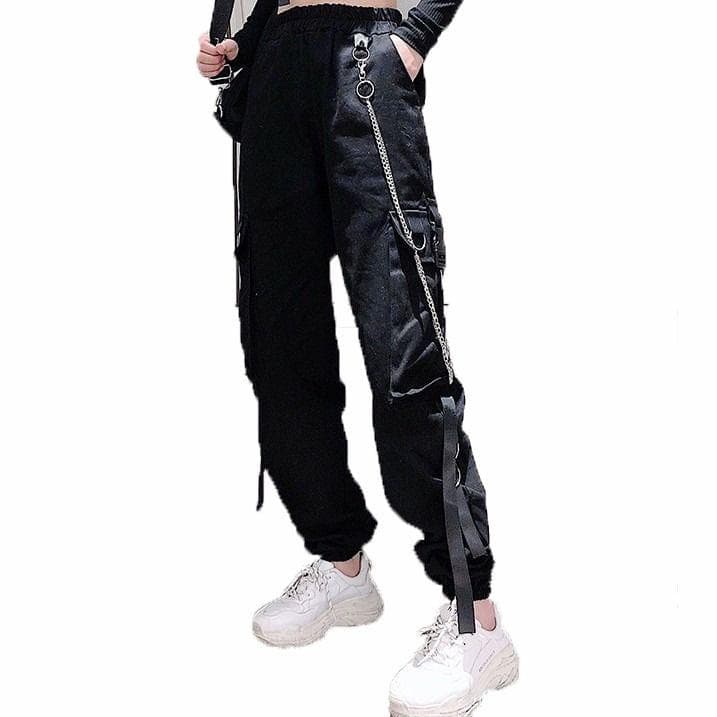 High Waist Cargo Pants for Women Sport Casual Pants Hip Hop Pants with Chain XXL black