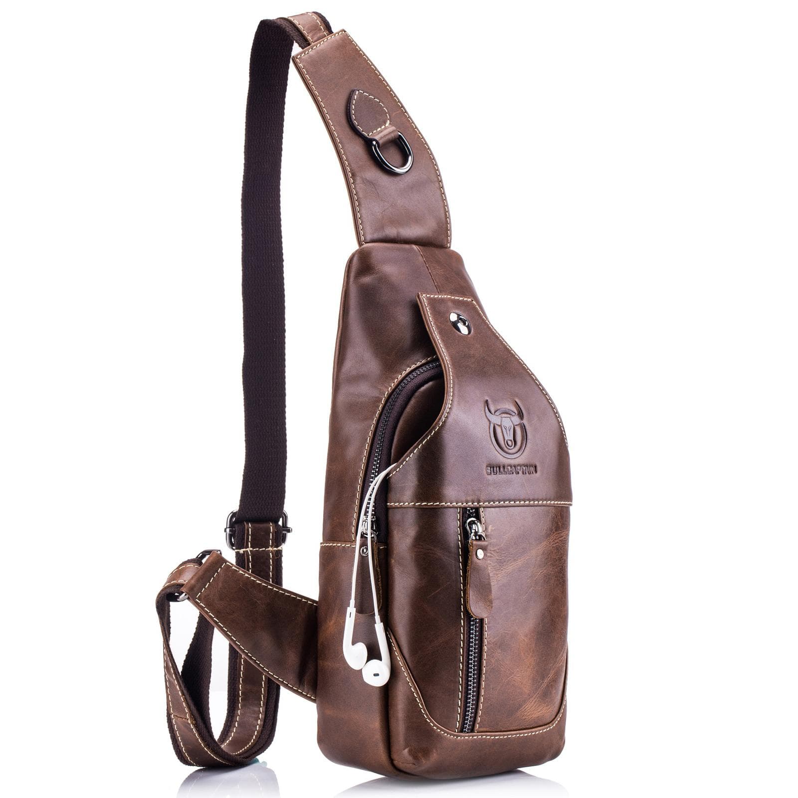 Men Leather Sling Bag Casual Shoulder Chest Crossbody Bag Hiking Travel Daypack dark brown