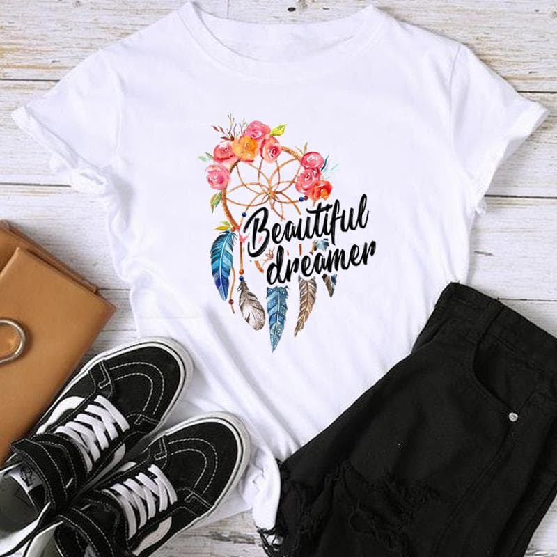 (Asian Size) Fashion Print Dream Web Lovely 90s Trend Female Casual Women's Top Casual T Clothing Graphic Tee Short Sleeve T-shirt 4XL