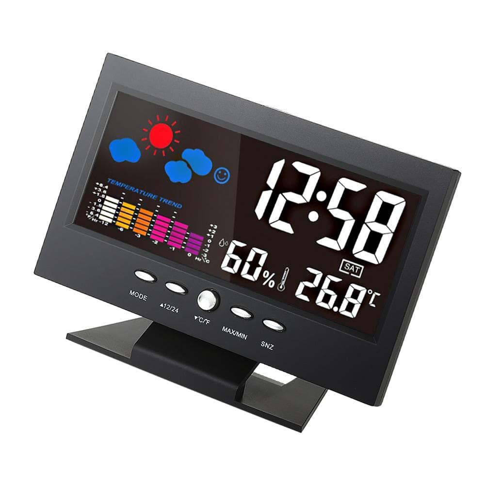 °C/°F Multifunctional Indoor Colorful LCD Digital Temperature Humidity Meter Weather Station Clock with USB Cable black