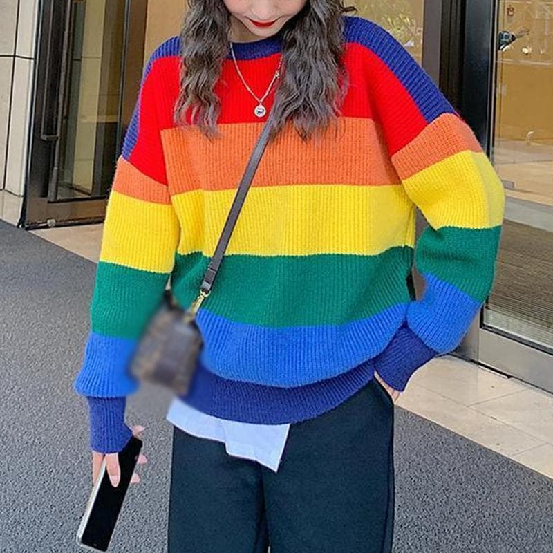 Hirsionsan Rainbow Striped Knitted Sweater Women Casual Contrast O Neck Base Pullovers Female Loose Long Sleeve Sweet Jumper New one size