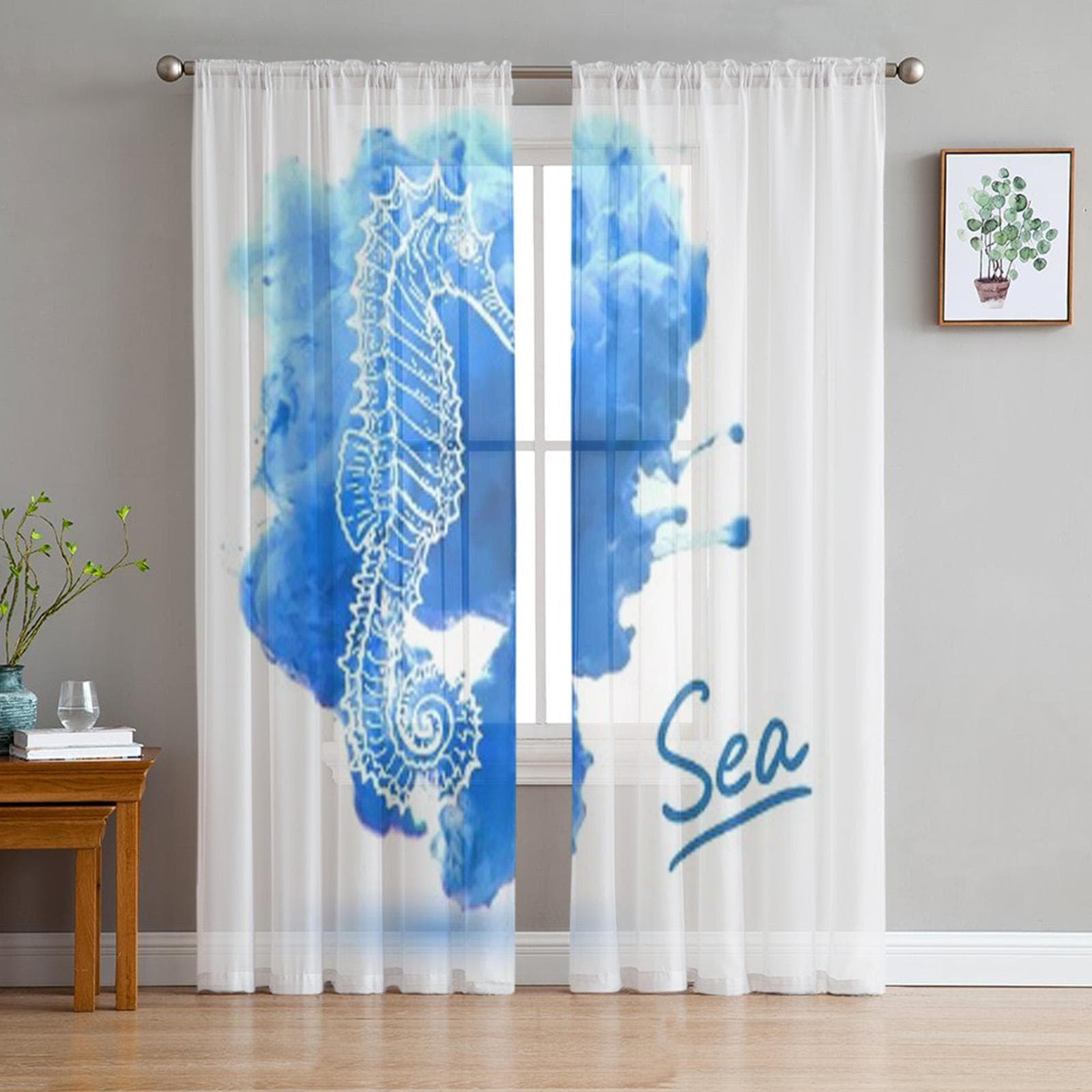 Seahorse Tulle Sheer Window Curtains For Living Room The Bedroom Modern Chiffon Voile Organza Curtains Decor Drapes 135W x 114H(cm)