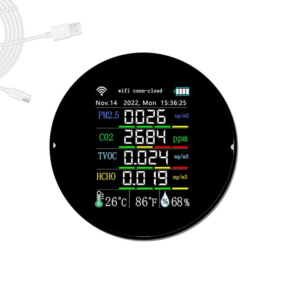 Tuya Wifi Portable Air Quality Meter 7in1 PM2.5 CO2 TVOC HCHO AQI Temperature Humidity Tester Color black
