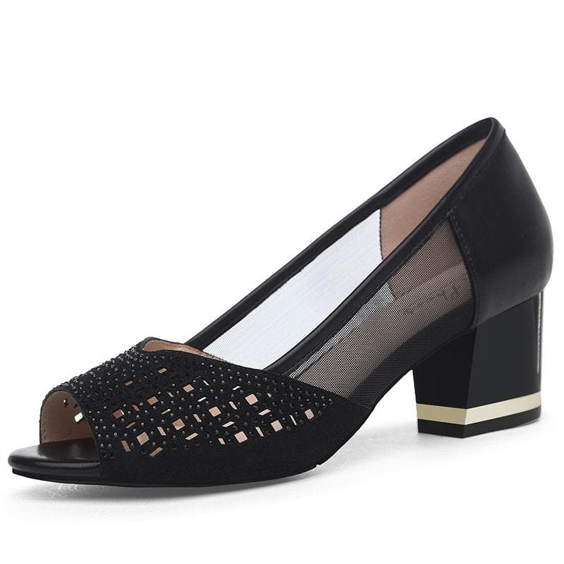 Medium Heel Sandals Female Thick Heel Gauze Korean Version of All Fashion Single Shoes Female 39 black