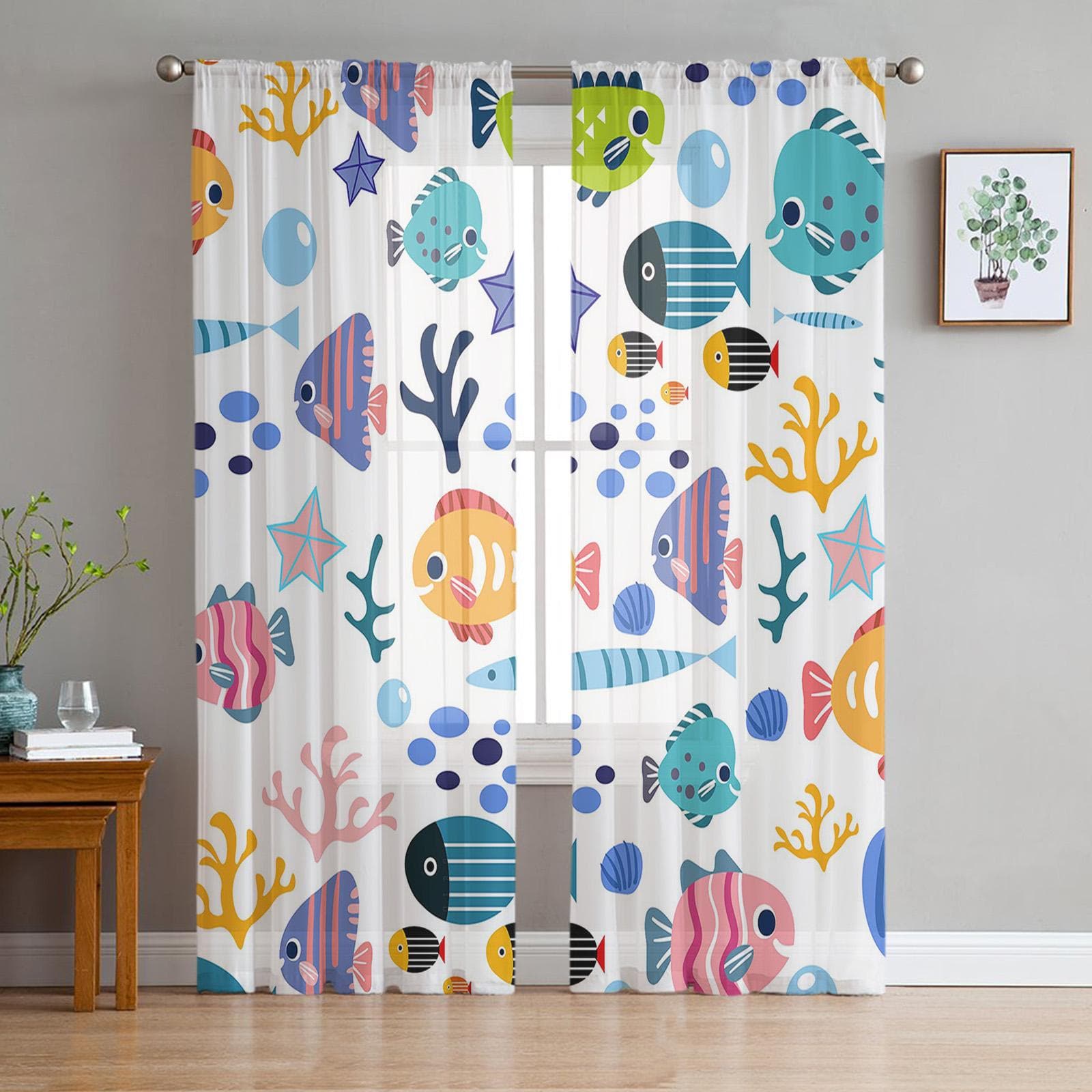 Beach Marine Life Blue Brown Coral Voile Sheer Curtains Living Room Window Tulle Curtain Kitchen Bedroom Drapes Home Decor 135W x 114H(cm)