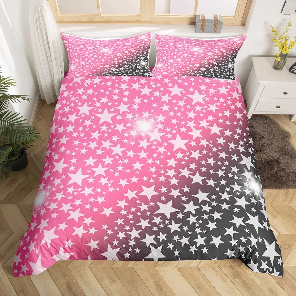 Glitter Star Rainbow Print King Queen Duvet Cover Ombre Colorful Bedding Set for Boys Girls Kid Pastel Polyester Comforter Cover 70x133cm 2pcs
