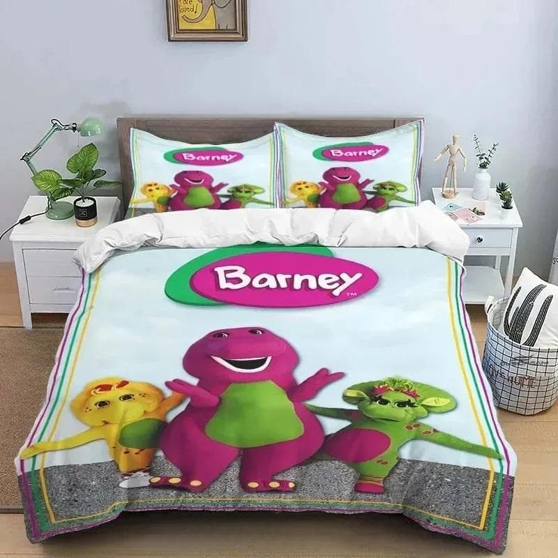Barney Friends Cute Cartoon Bedding Set Dinosaur Pattern Duvet Cover Pillow Case boys Bedroom Double King Size Comforter Gift 175X220cm-3pcs