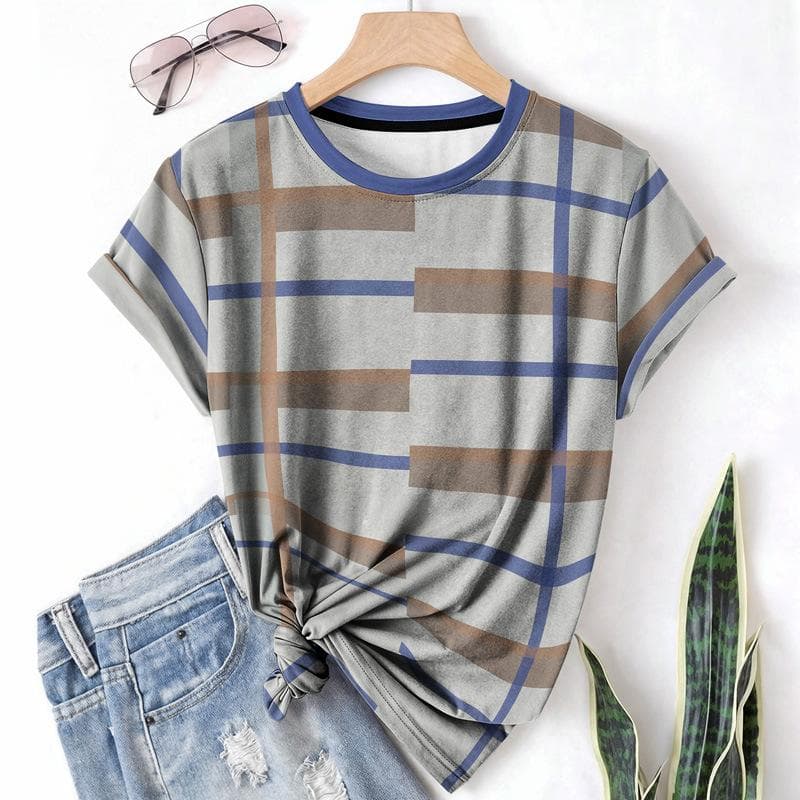 Striped Casual Sports Women's T-shirt Summer Round Neck Short Sleeved Element Pattern Checkered Loose Fit T-shirts 6XL