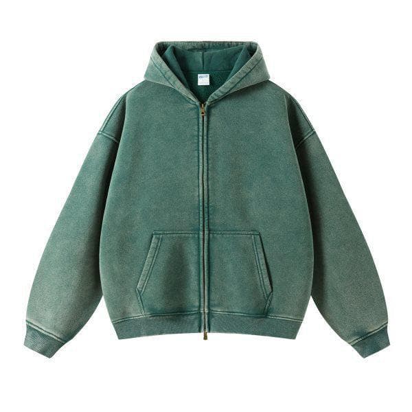 Retro Batik Washed Oversized Hoodie with Zipper S dark green
