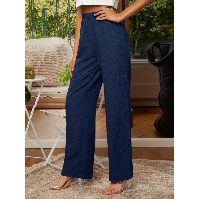 Women's Spring Summer Solid Color Loose Elastic Waist Casual Wide Leg Pants XXXL dark blue