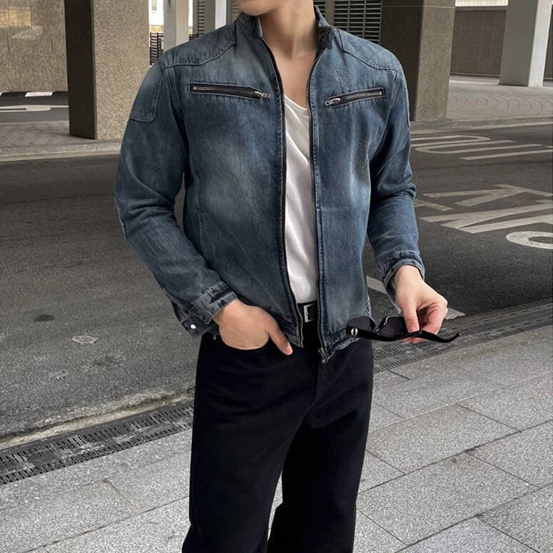Retro Washed Short Jacket Men's Autumn Loose Stand-up Collar Top Korean Style Trendy Handsome Denim Jacket 2XL blue