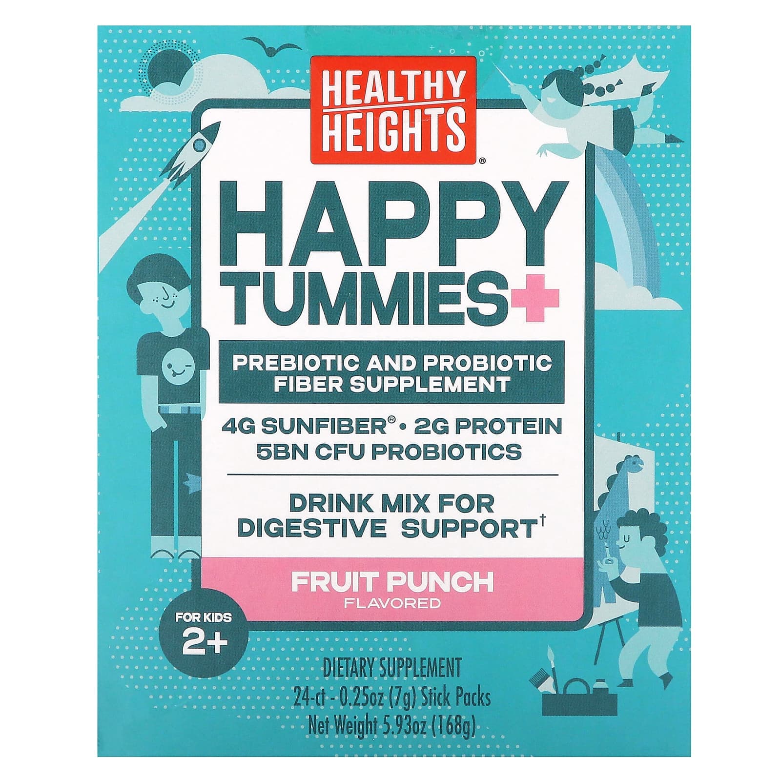 Healthy Heights, Happy Tummies+, for children 2 years and older, fruit punch, 24 stick packs, 7 g (0.25 oz) each