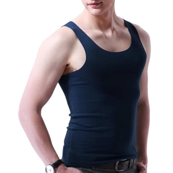 M Wardrobe Plus Size Men Sporty Solid Color Sleeveless V Neck Slim Seamless Vest Tank Top M navy blue