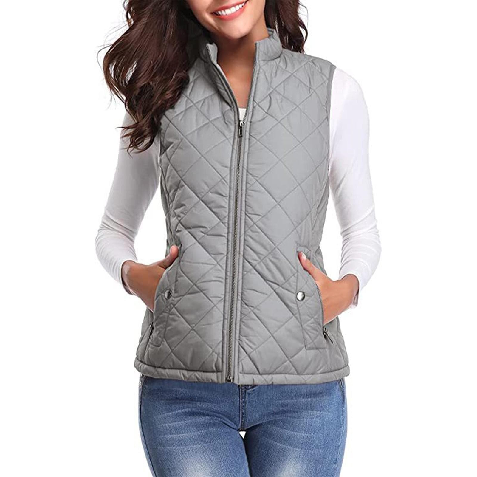 Women's Fashion Casual Solid Color Stand Collar Zipper Pocket Warm Cotton Vest Coat S