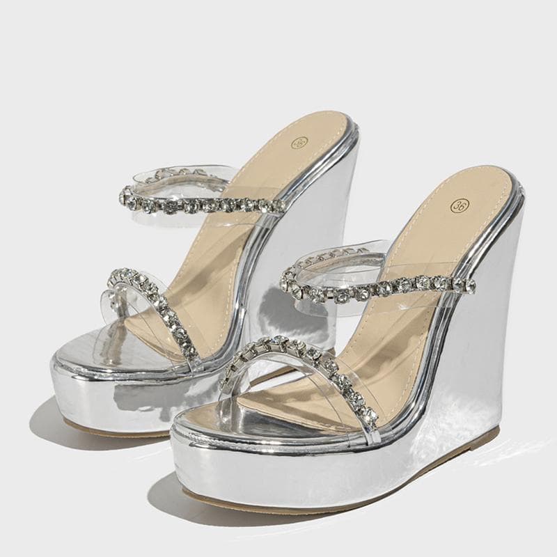 Liyke Designer Rhinestone Rivet Women's 14CM Wedges Slippers Fashion Open Toe Super High Heels Platform Sandals Transparent Shoe 35 silver