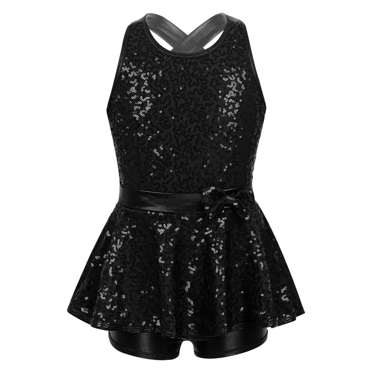 Kids Girls Jazz Modern Tap Dancewear Sleeveless Sequined Criss Cross Back Waist Bowknot Ballet Dance Leotard Dress 12-14 Years black