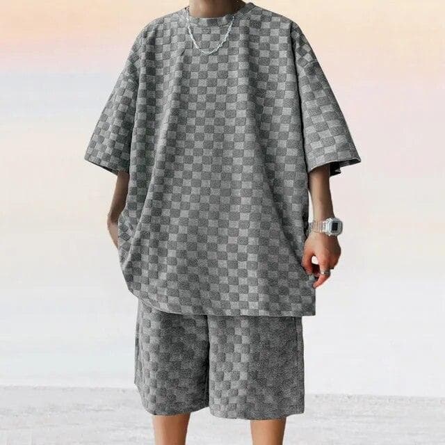 Men's Sports Suit Summer Korean High Street Jacquard Plaid T-shirt Shorts Two-piece Set Male Casual Retro Loose O-neck Top XXXL dark grey