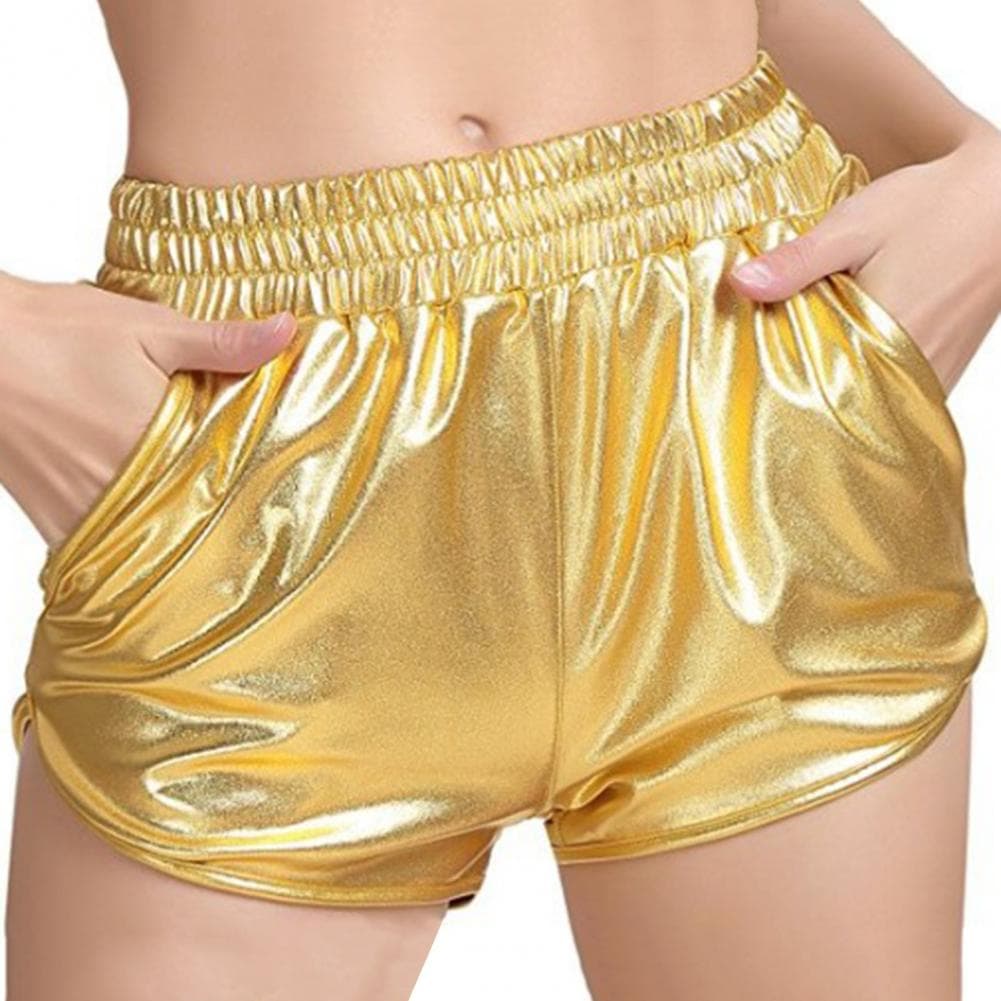 Women Casual Shorts Elastic High Waist Glossy Surface Solid Color Faux Leather Shorts with Pockets Streetwear M golden
