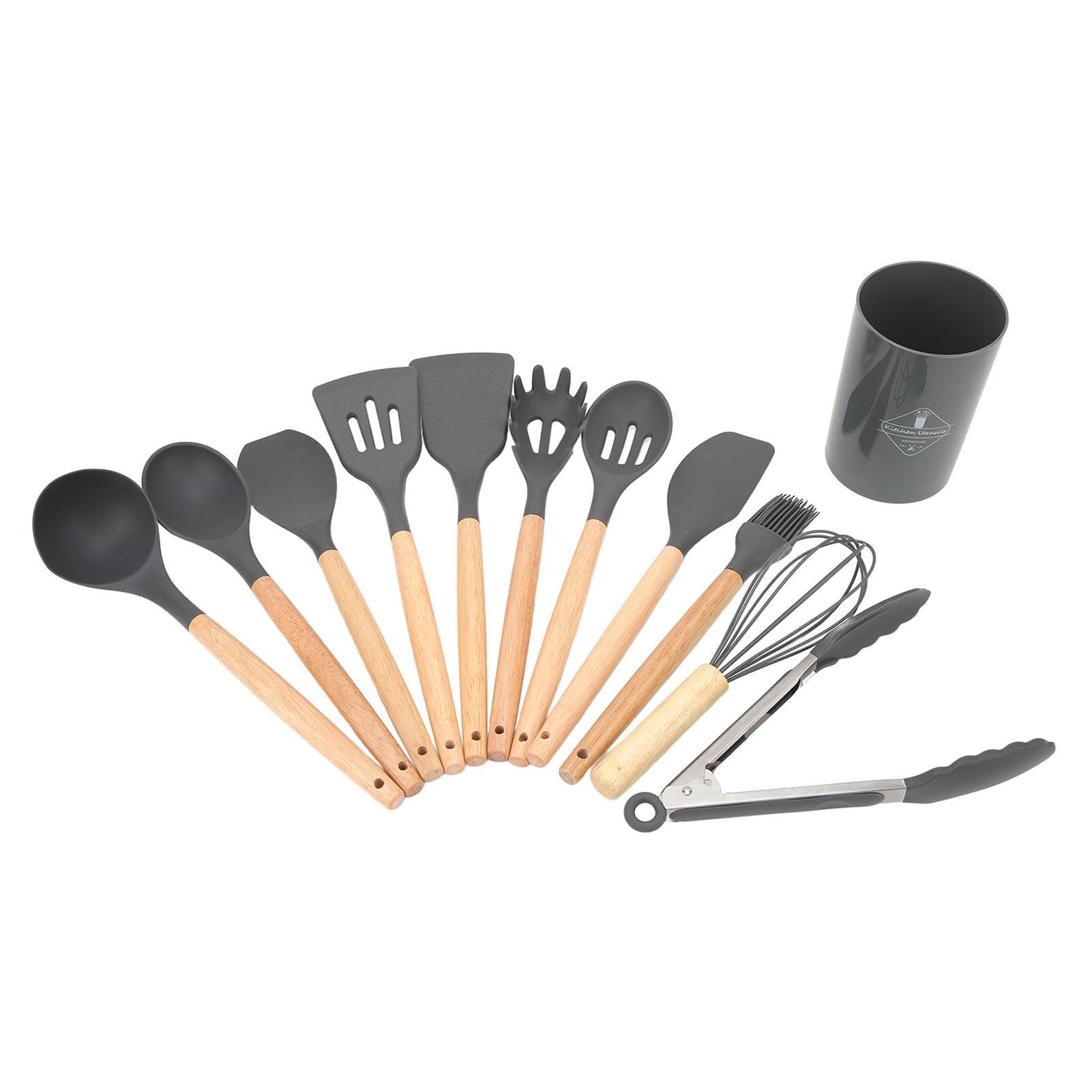 12 PCS Kitchen Cooking Utensils Set Ergonomic Wooden Handle Silicone Kitchen Gadgets Kitchenware Dark Gray