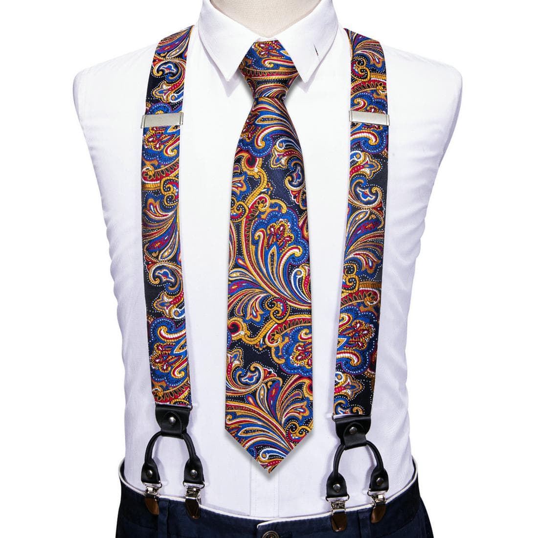 Fashion 6 Clip Men's Tie Suspenders 3.5cm Width Adjustable Elastic Strap Red Braces Suspender Silk Tie Set BJ-2032,N-1657